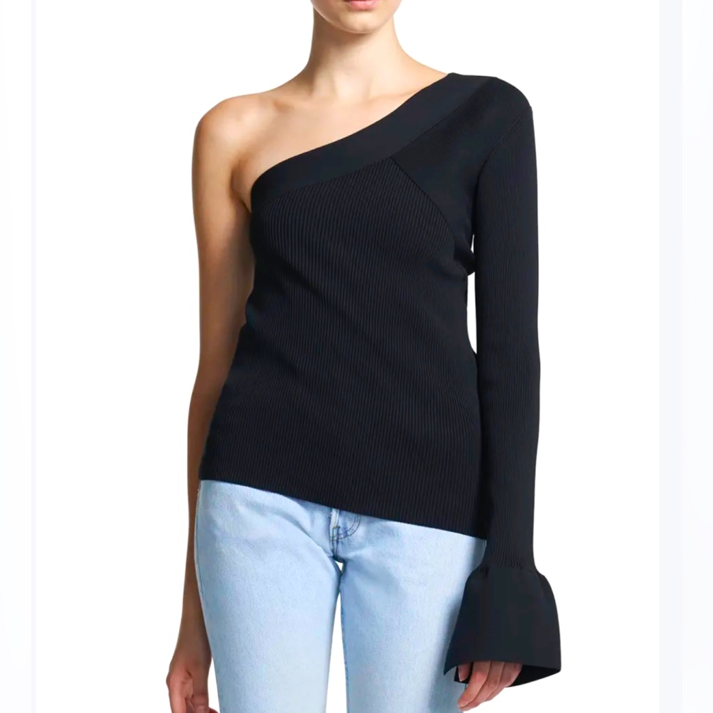 Theory One Sleeve Matte Techno Rib-Knit Pullover Blouse Top Nwt
